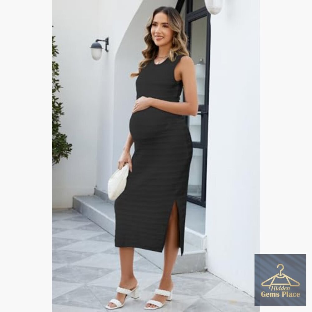 Maternity Midi Dress Sleeveless Bodycon Striped Side Slit Knit Summer - Picture 3 of 7